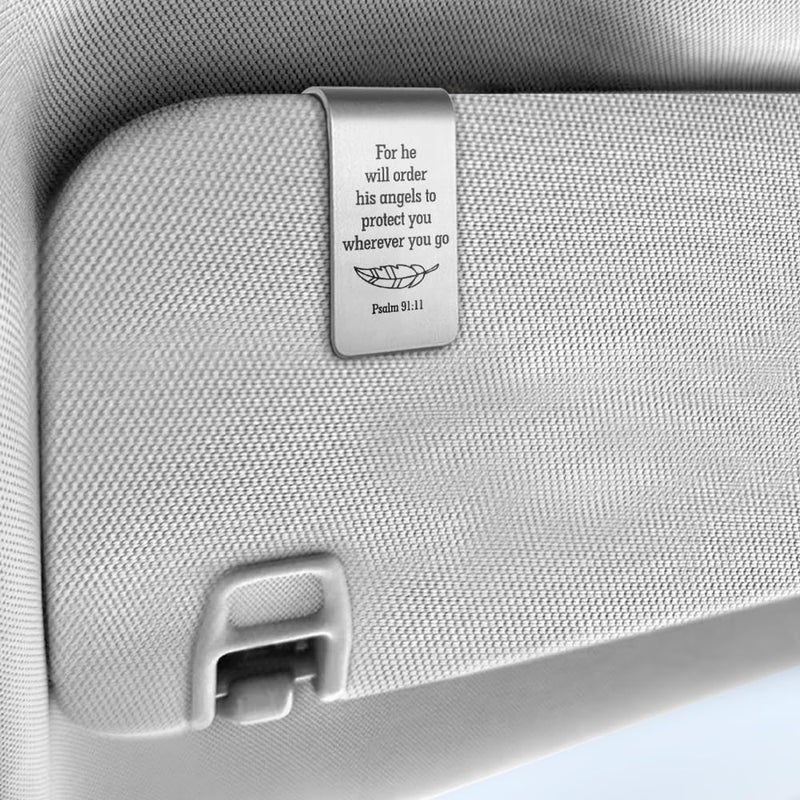 PUVOXHO for He Will Order His Angels to Protect You Wherever You Go Engraved Stainless Steel Car Visor Clip, Psalm 91:11 Sign, Funny Religious Gifts for Women Men Family Friend, New Driver Gifts - Image 2
